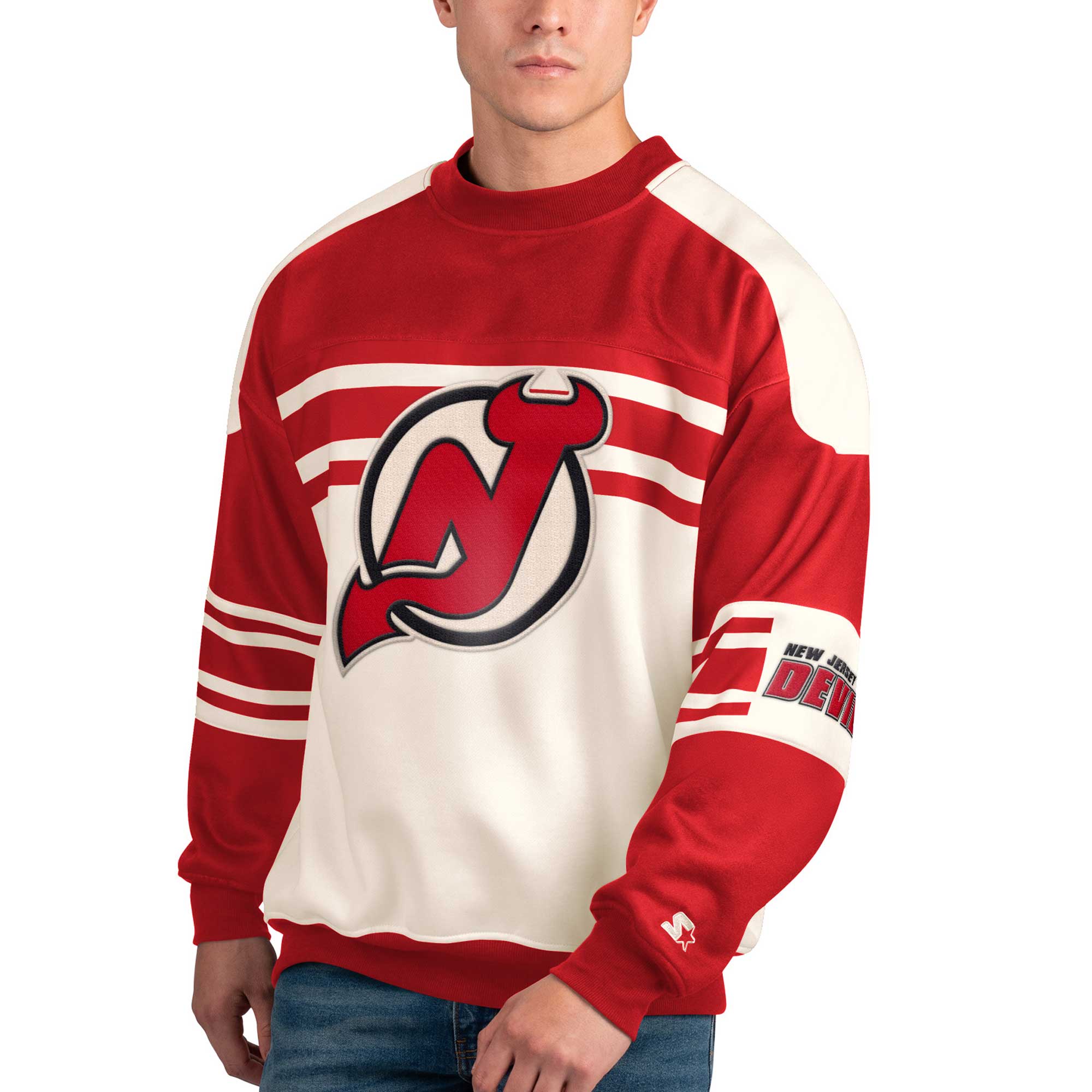 Men's New Jersey Devils Starter White Defense Fleece Crewneck Pullover Sweatshirt