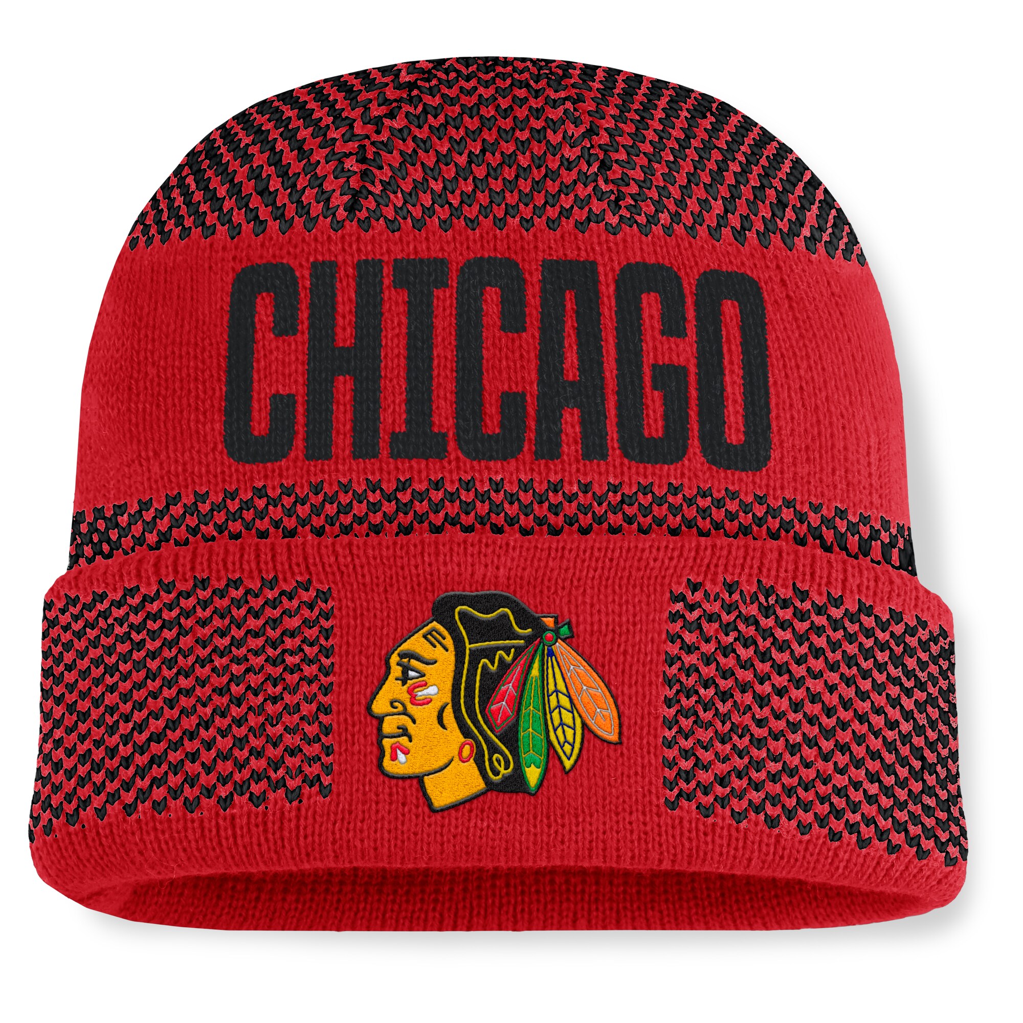 Men's Chicago Blackhawks Fanatics Red/Black Fundamentals Shelter Cuffed Knit Hat