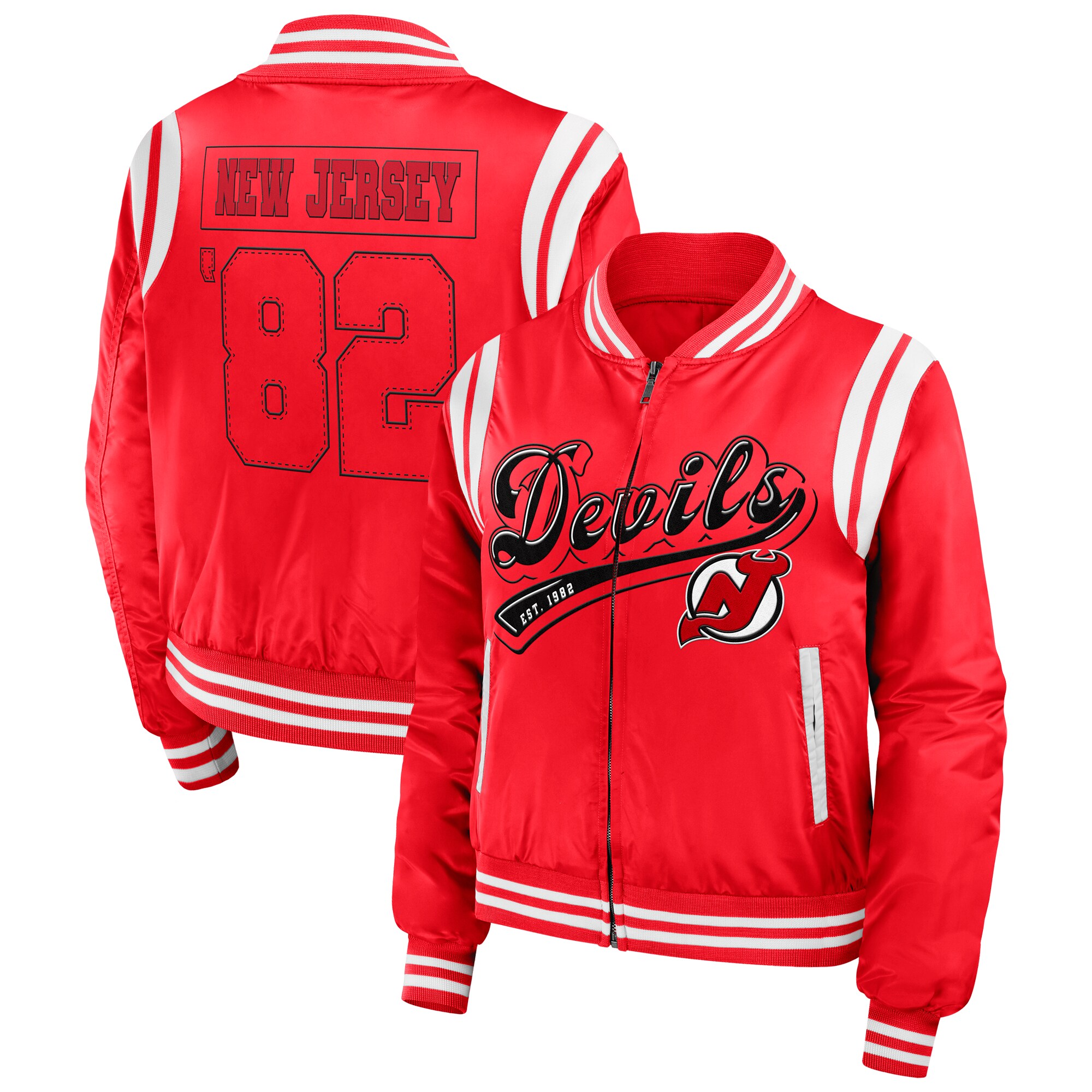 Women's New Jersey Devils  WEAR by Erin Andrews Red Baller Full-Zip Bomber Jacket