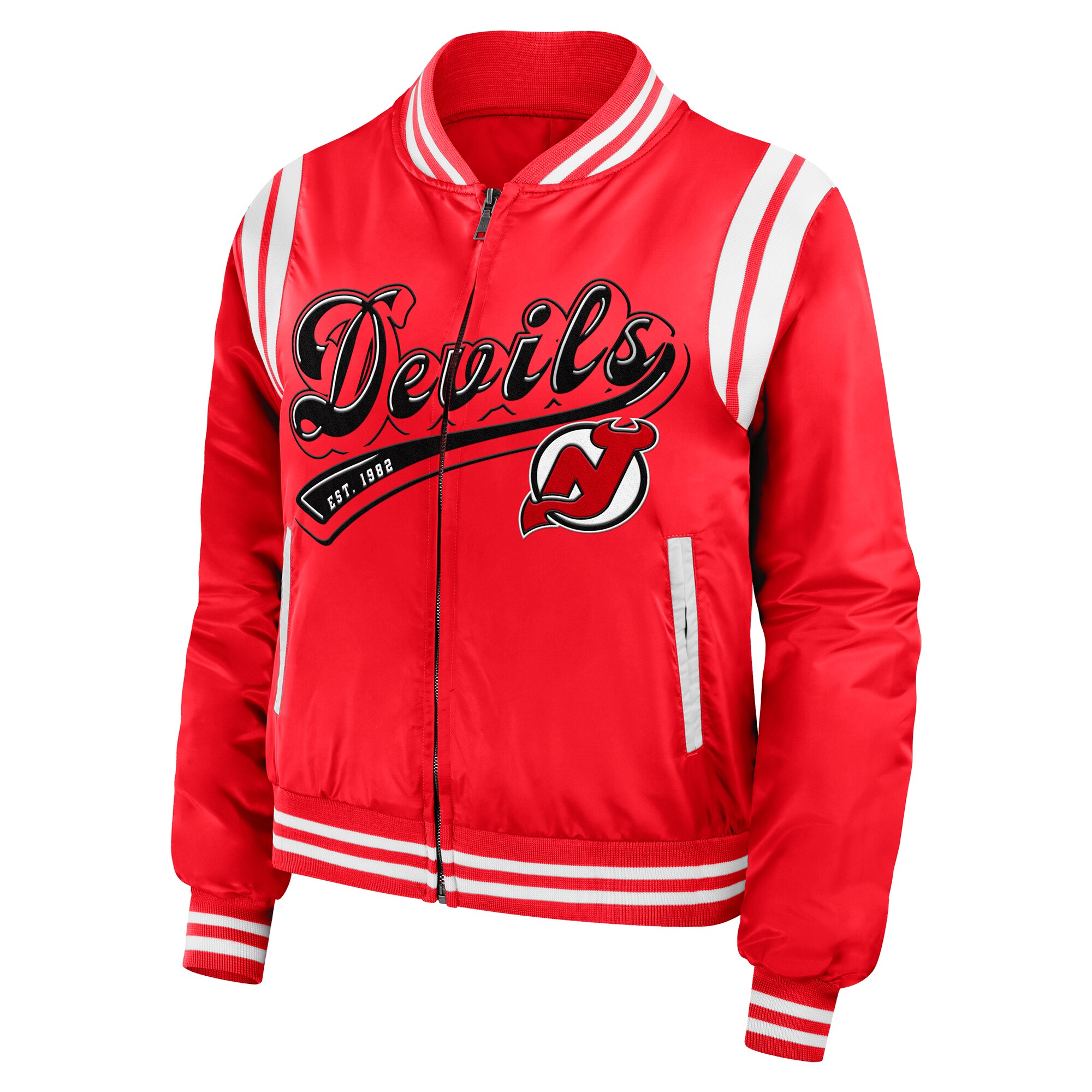 Women's New Jersey Devils  WEAR by Erin Andrews Red Baller Full-Zip Bomber Jacket