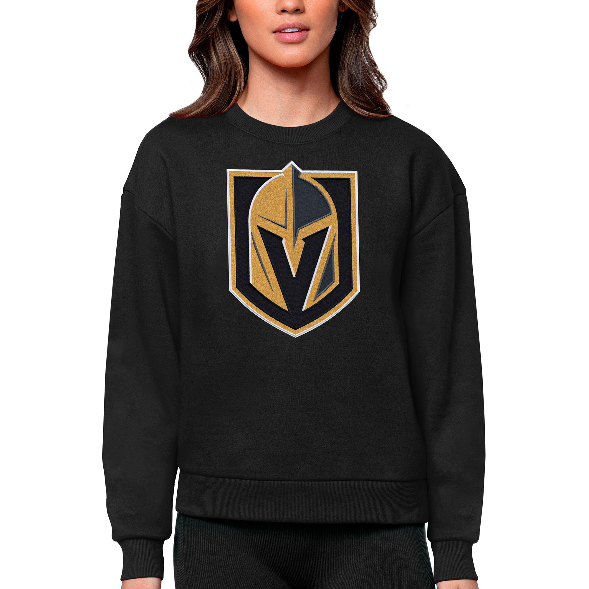 Women's Vegas Golden Knights Antigua Black Primary Logo Team Logo Victory Crewneck Pullover Sweatshirt