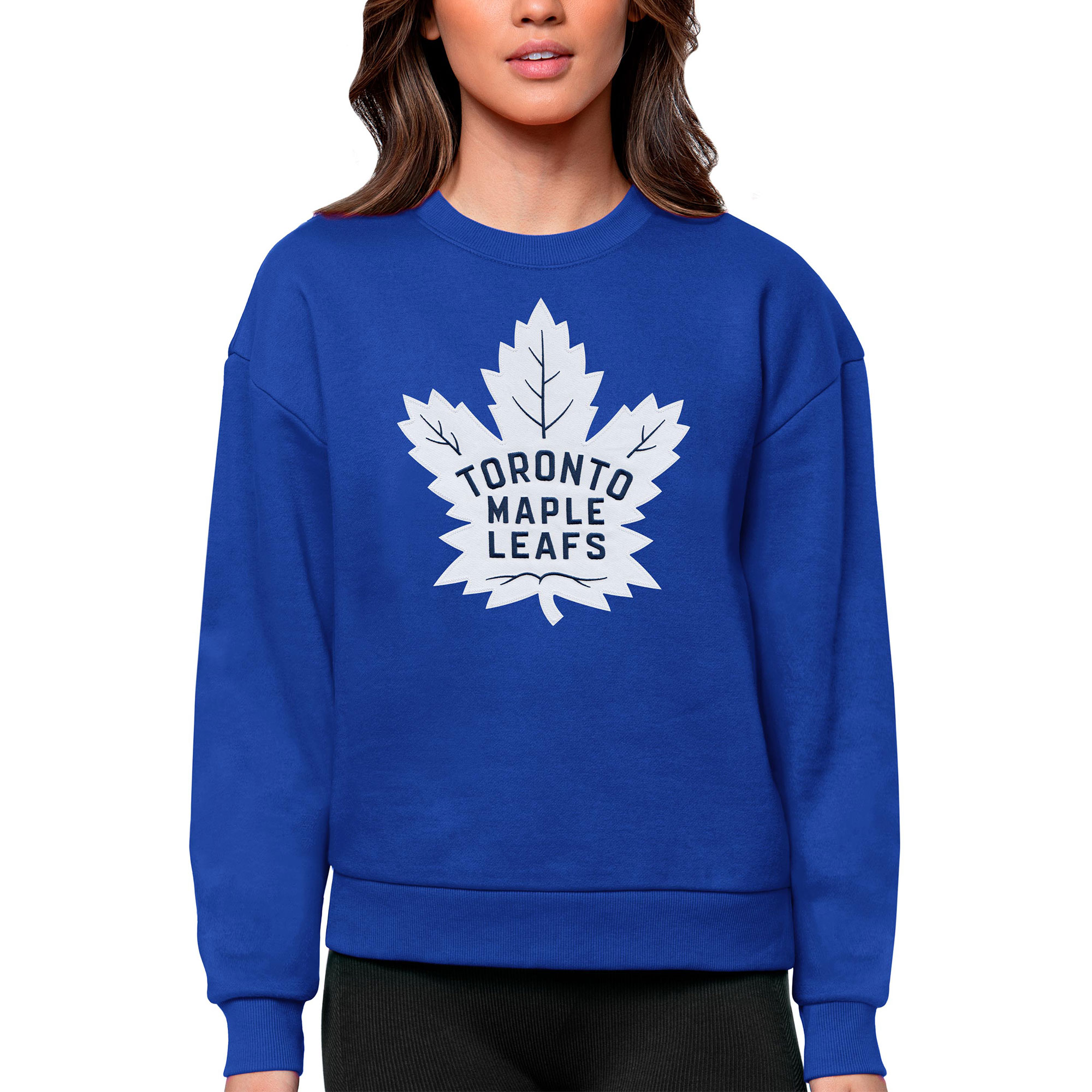 Women's Toronto Maple Leafs Antigua Royal Primary Logo Team Logo Victory Crewneck Pullover Sweatshirt