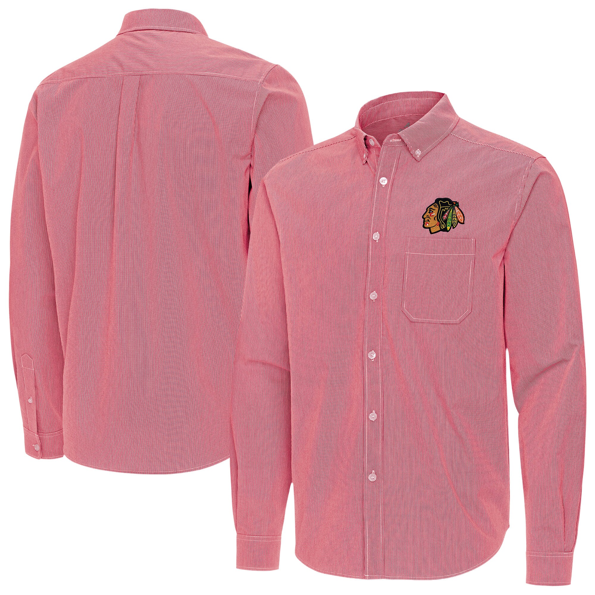 Men's Chicago Blackhawks Antigua Red Porter Woven Tri-Blend Long Sleeve Button-Down Shirt