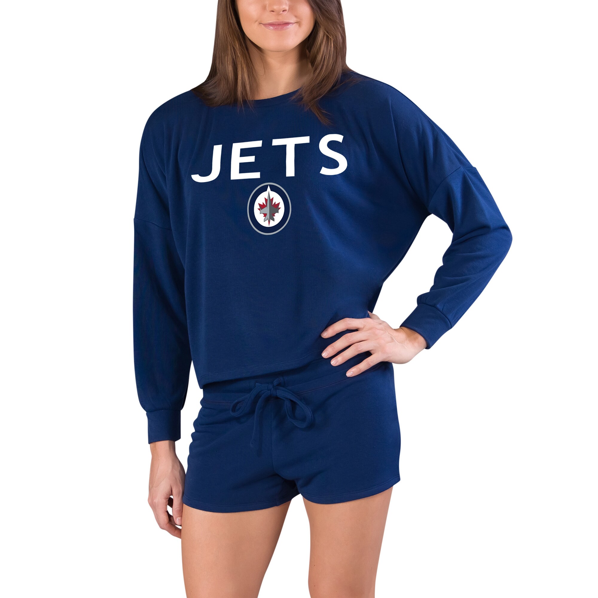 Women's Winnipeg Jets Concepts Sport Navy Gather Long Sleeve Top & Shorts Set