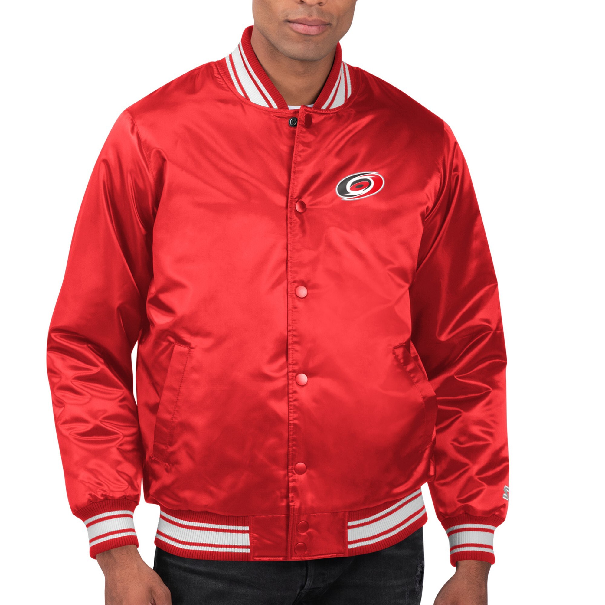 Men's Carolina Hurricanes Starter Red Printed Team Logo Satin Varsity Full-Snap Jacket