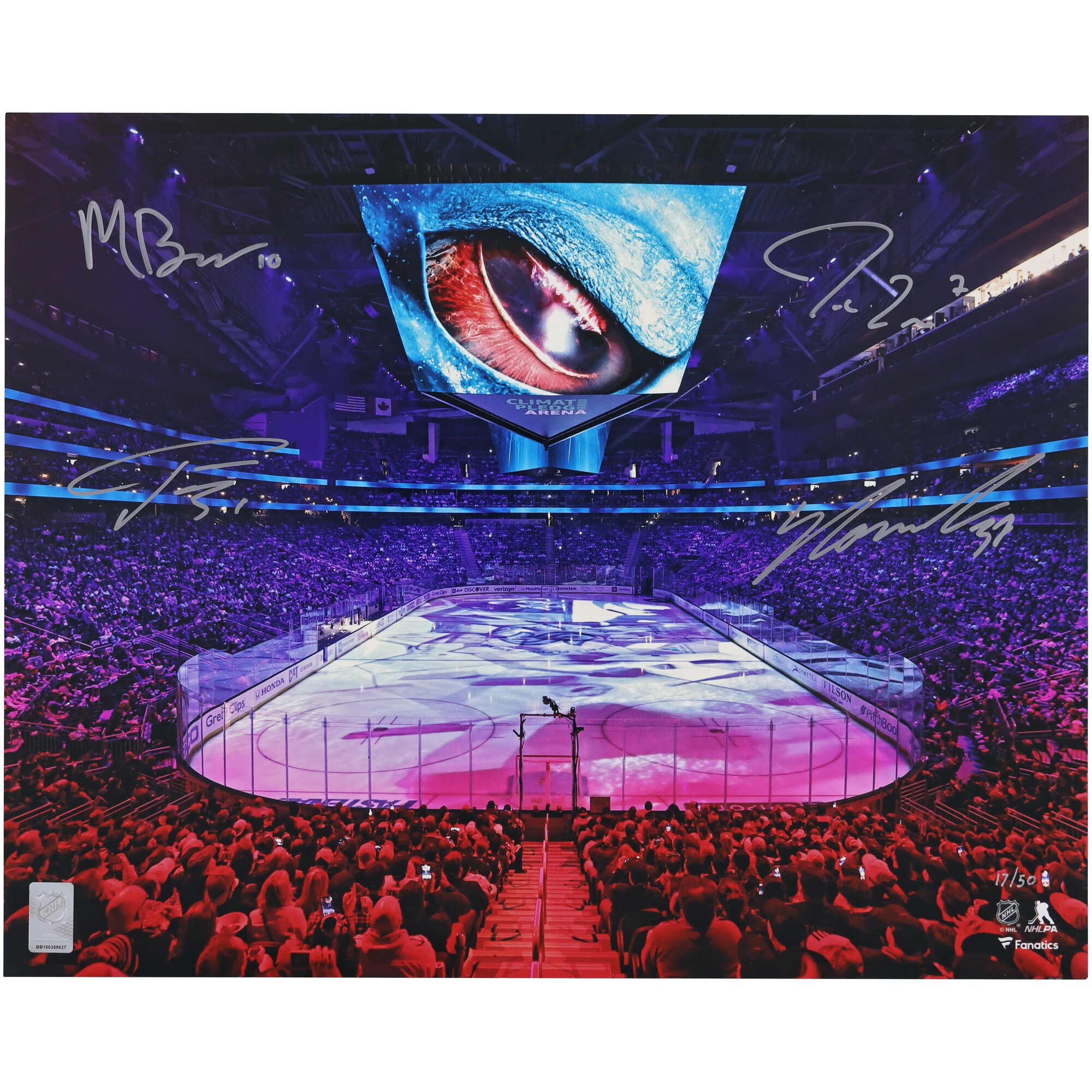 Matty Beniers, Philipp Grubauer, Jordan Eberle and Yanni Gourde Seattle Kraken Autographed Fanatics Authentic 16" x 20" Climate Pledge Arena Photograph - Limited Edition of 50