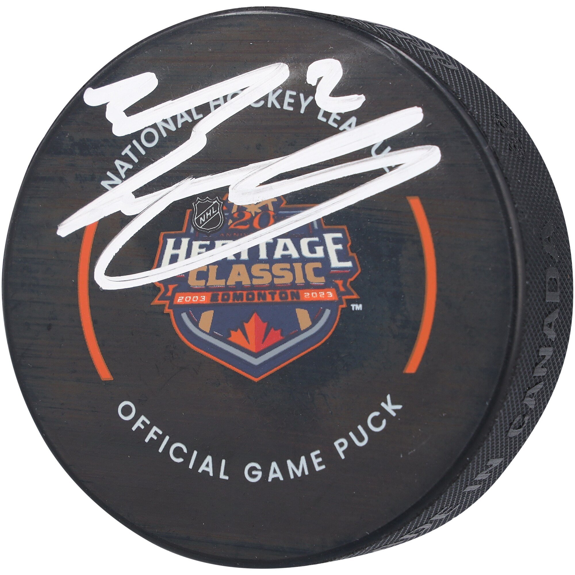Evan Bouchard Edmonton Oilers Autographed Fanatics Authentic 2023 Heritage Classic Official Game Puck
