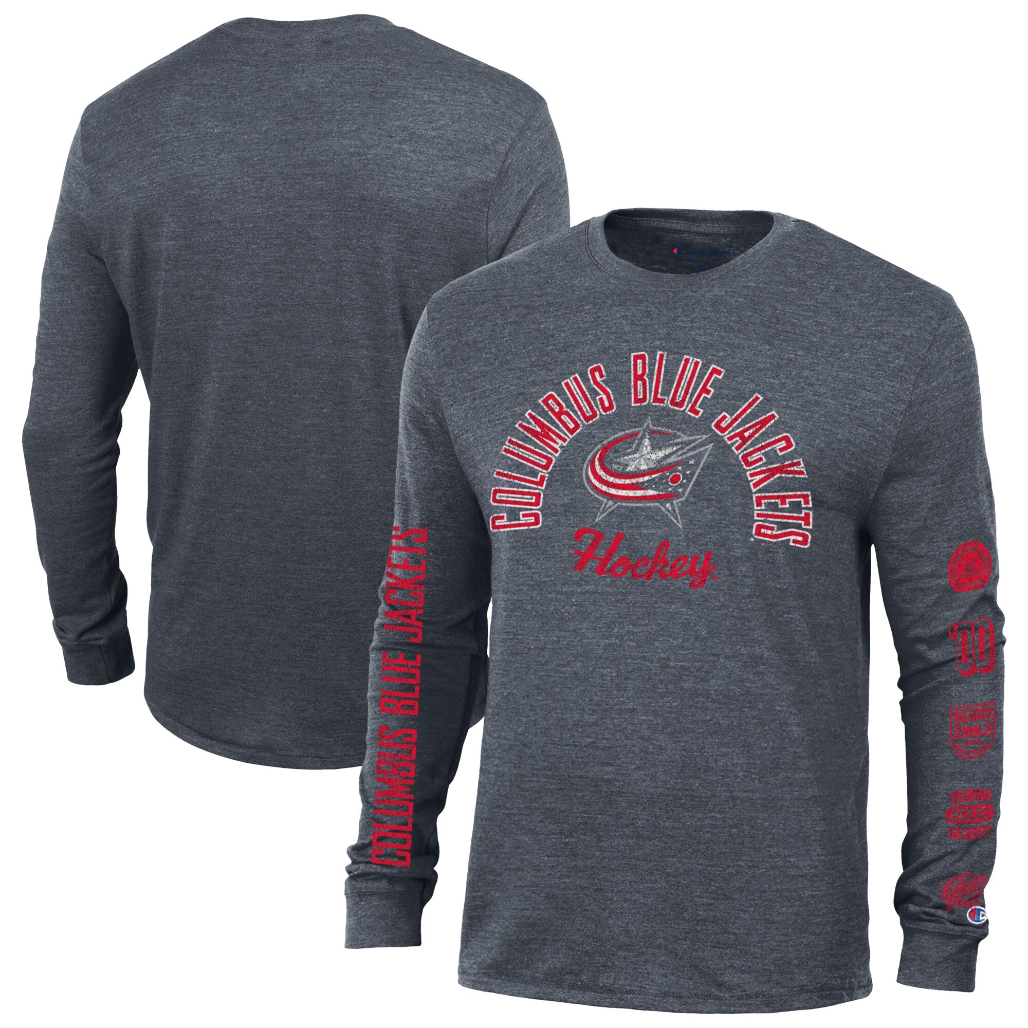 Men's Columbus Blue Jackets Champion Heather Navy Multi-Logo Tri-Blend Long Sleeve T-Shirt