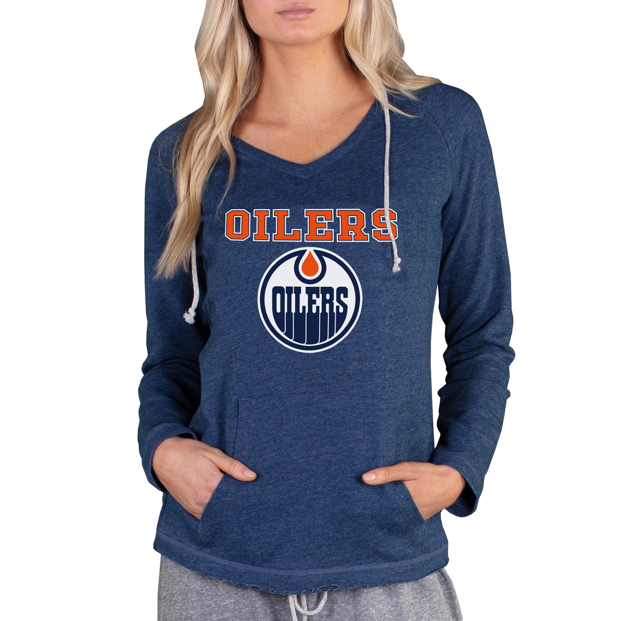 Women's Edmonton Oilers Concepts Sport Navy Mainstream Terry Tri-Blend Long Sleeve Hooded Top