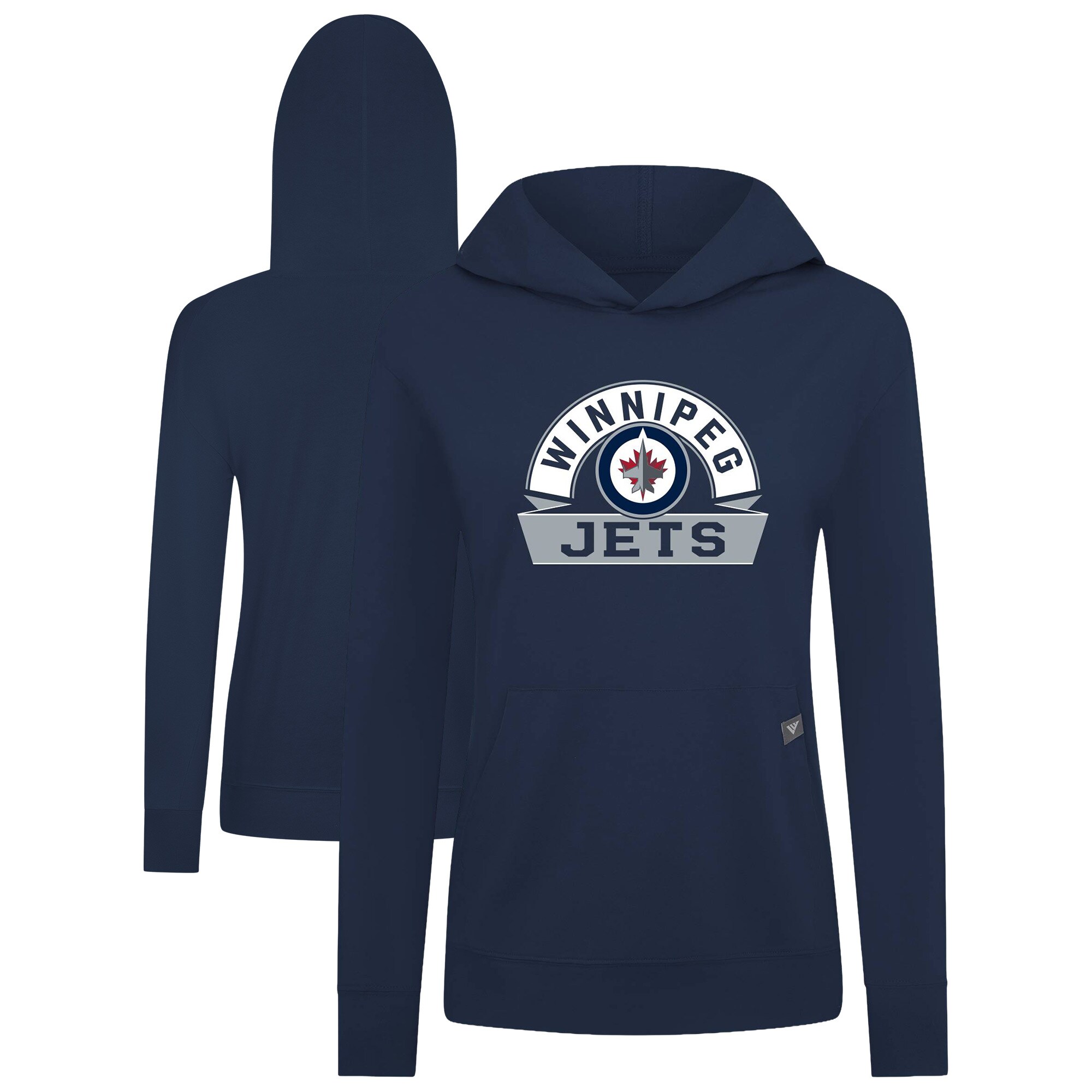 Women's Winnipeg Jets Levelwear Navy Relay Banner Arch Pullover Hoodie