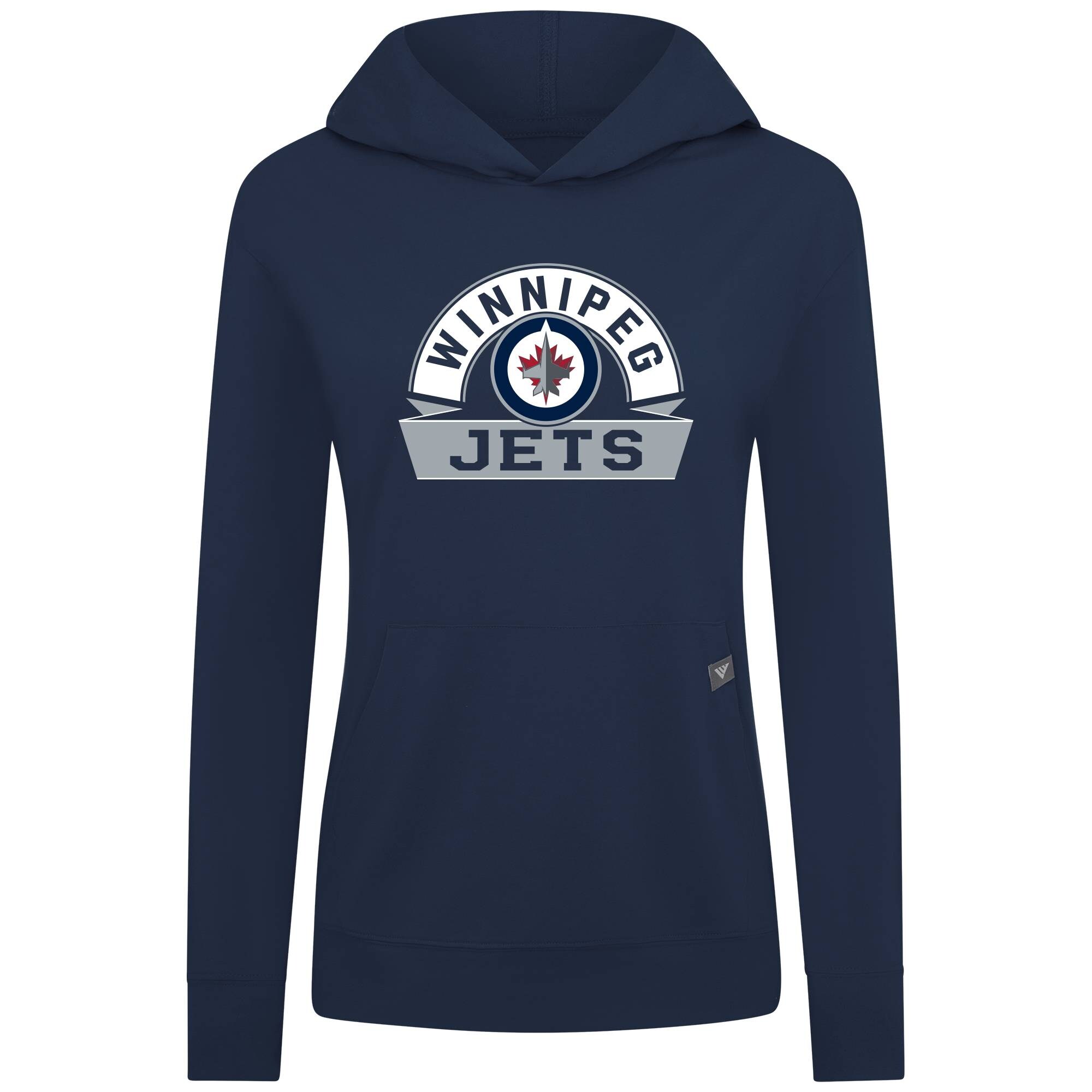 Women's Winnipeg Jets Levelwear Navy Relay Banner Arch Pullover Hoodie