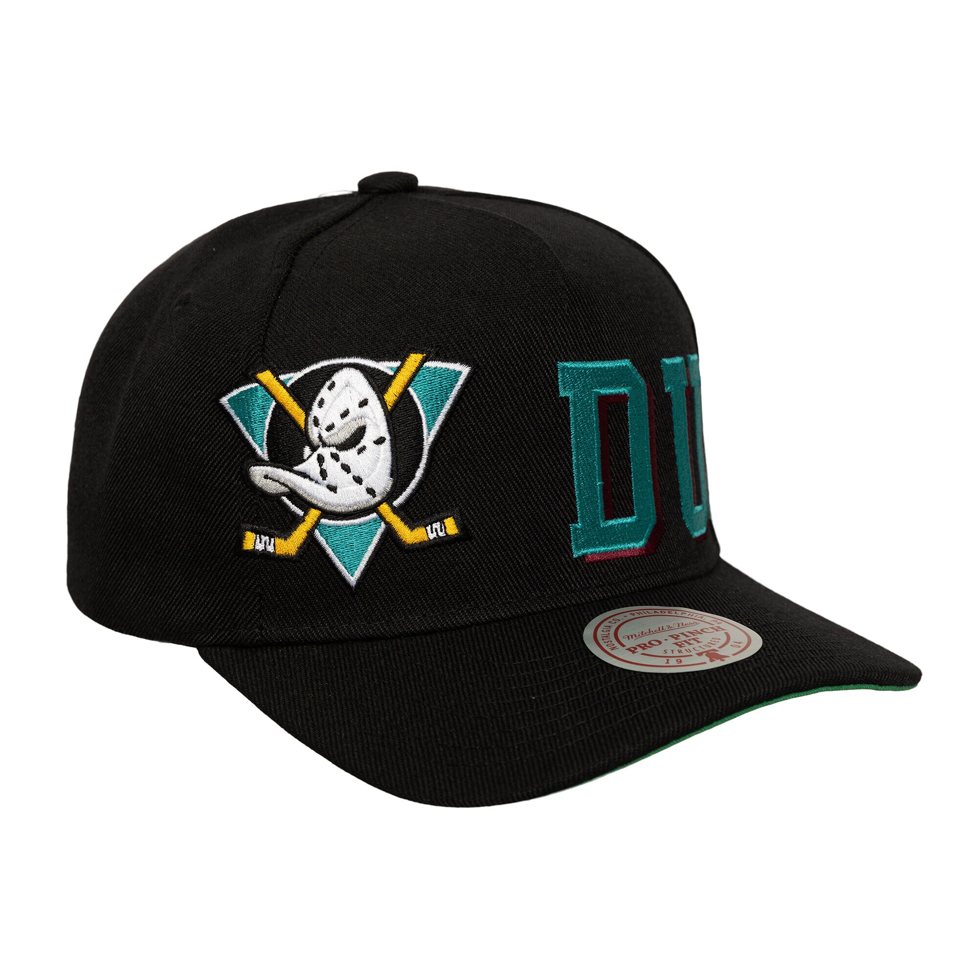 Men's Anaheim Ducks  Mitchell & Ness Black Busted Logo Wordmark Wrap-Around Pro Pinch Adjustable Hat