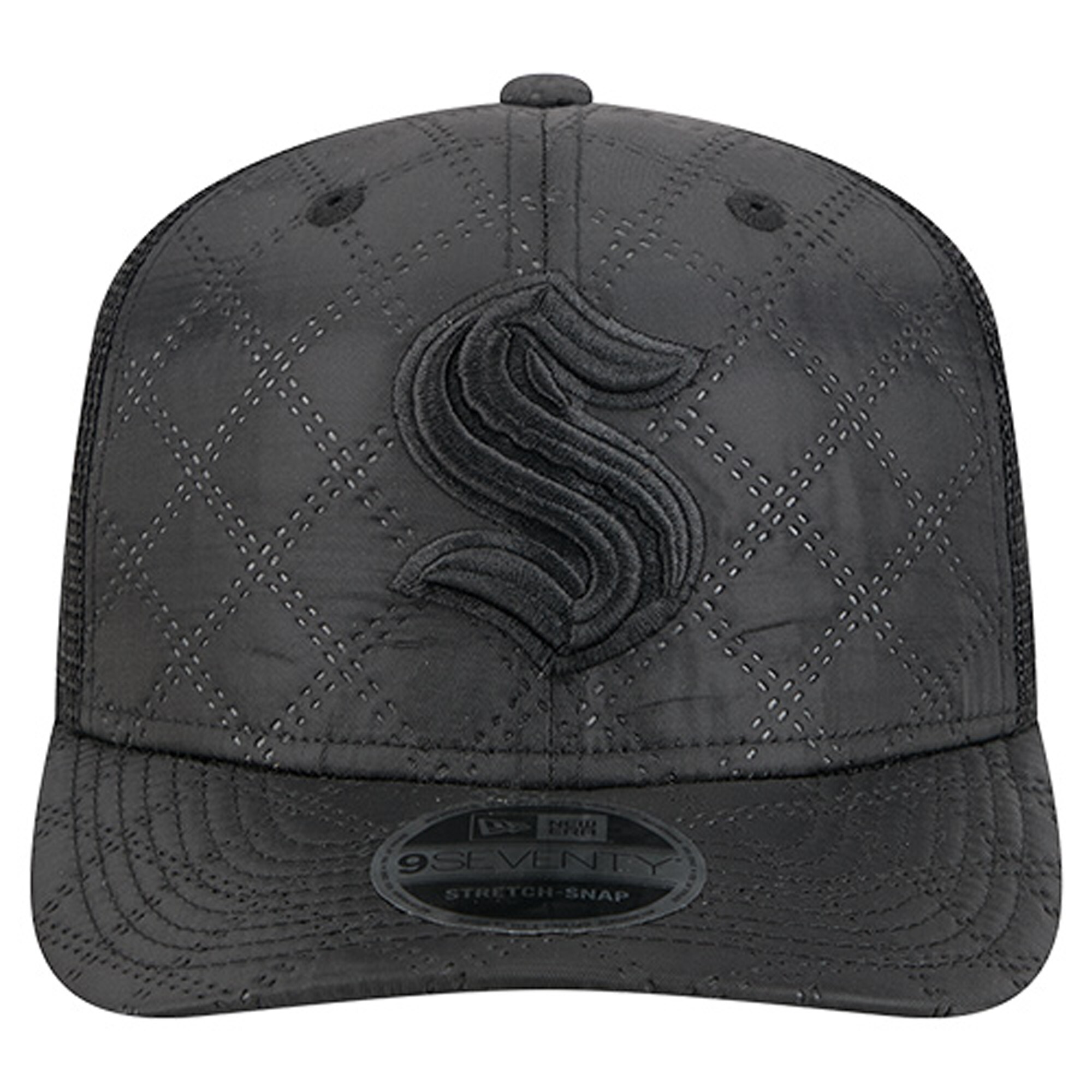 Men's Seattle Kraken  New Era Black Quilted Nylon 9SEVENTY Adjustable Trucker Hat