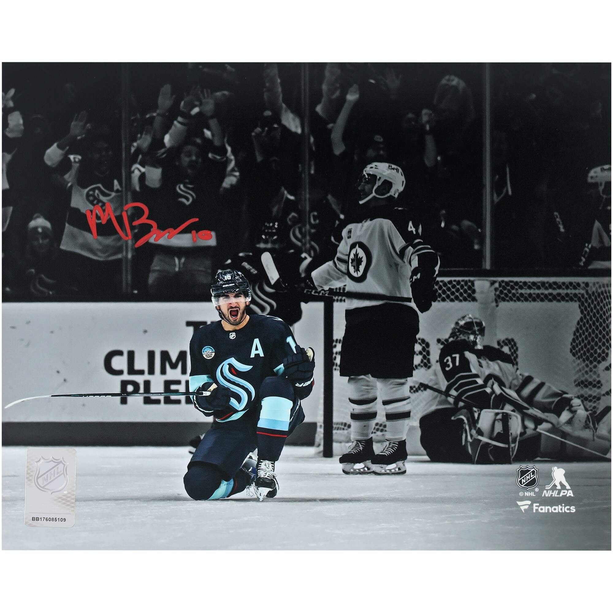 Matty Beniers Seattle Kraken Autographed Fanatics Authentic 8" x 10" Navy Jersey Celebration Photograph