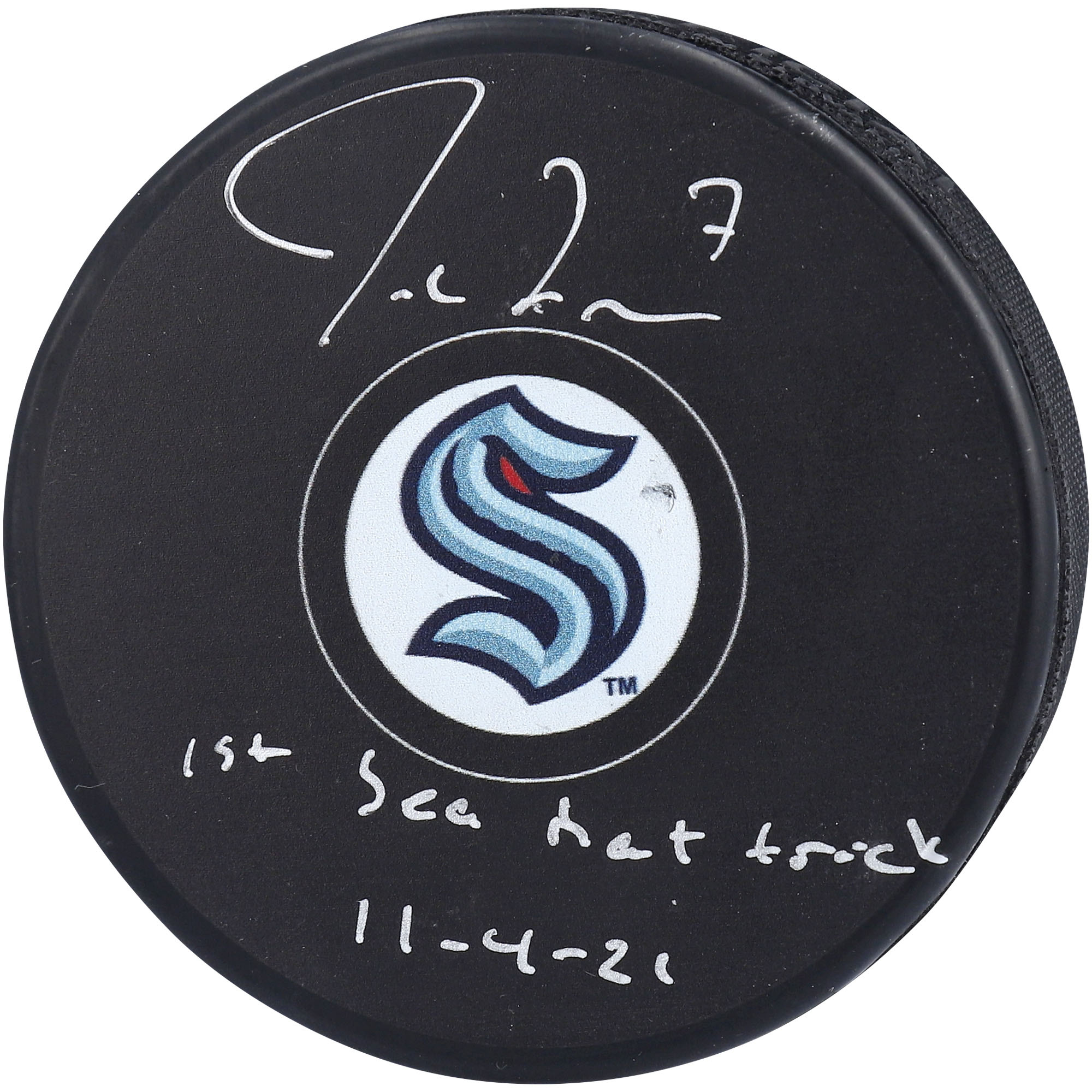 Autographed Seattle Kraken Jordan Eberle Fanatics Authentic Inaugural Season Official Game Puck with ''1st Sea Hat Trick 11-4-21'' Inscription