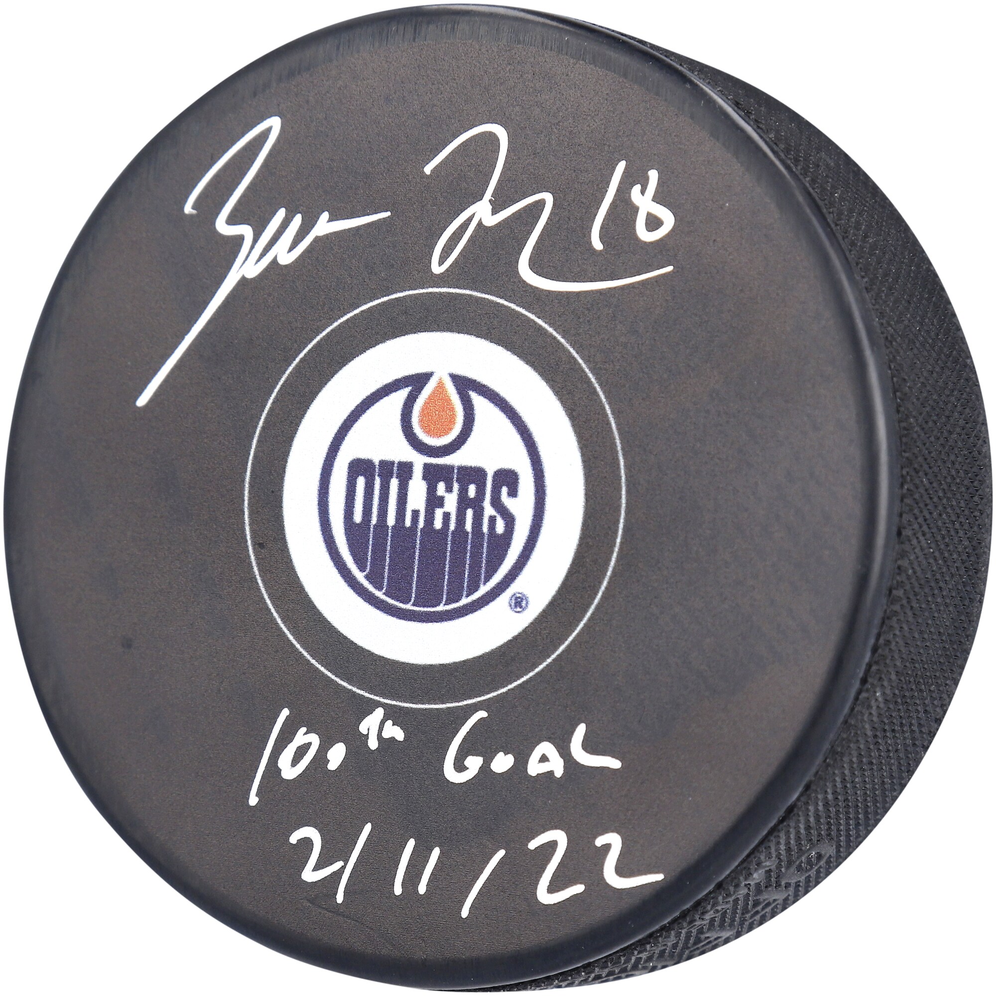 Autographed Edmonton Oilers Zach Hyman Fanatics Authentic Hockey Puck with "100th Goal 2/11/22" Inscription