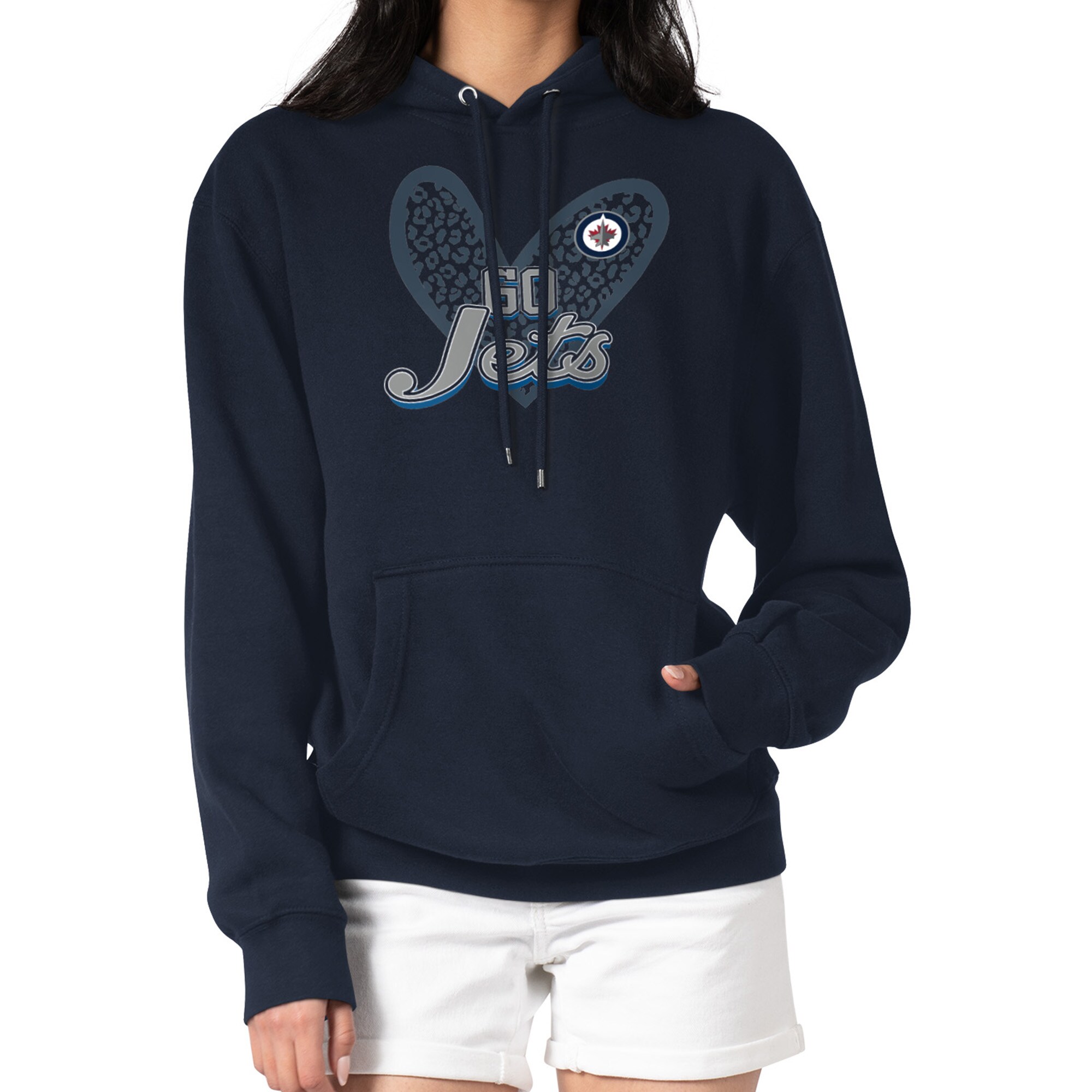 Women's Winnipeg Jets G-III 4Her by Carl Banks Navy Animal Print Heart Fleece Pullover Hoodie