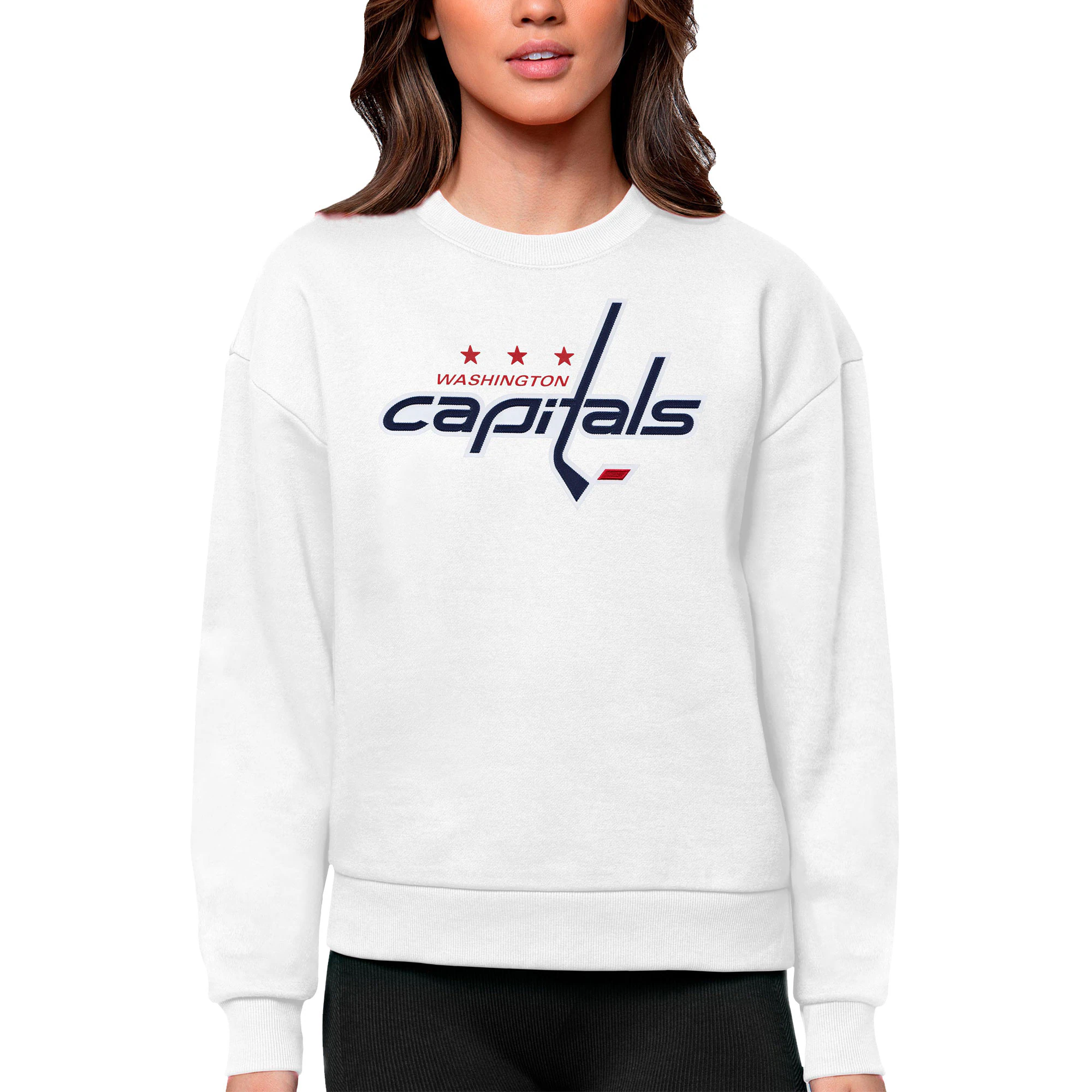 Women's Washington Capitals Antigua White Primary Logo Team Logo Victory Crewneck Pullover Sweatshirt
