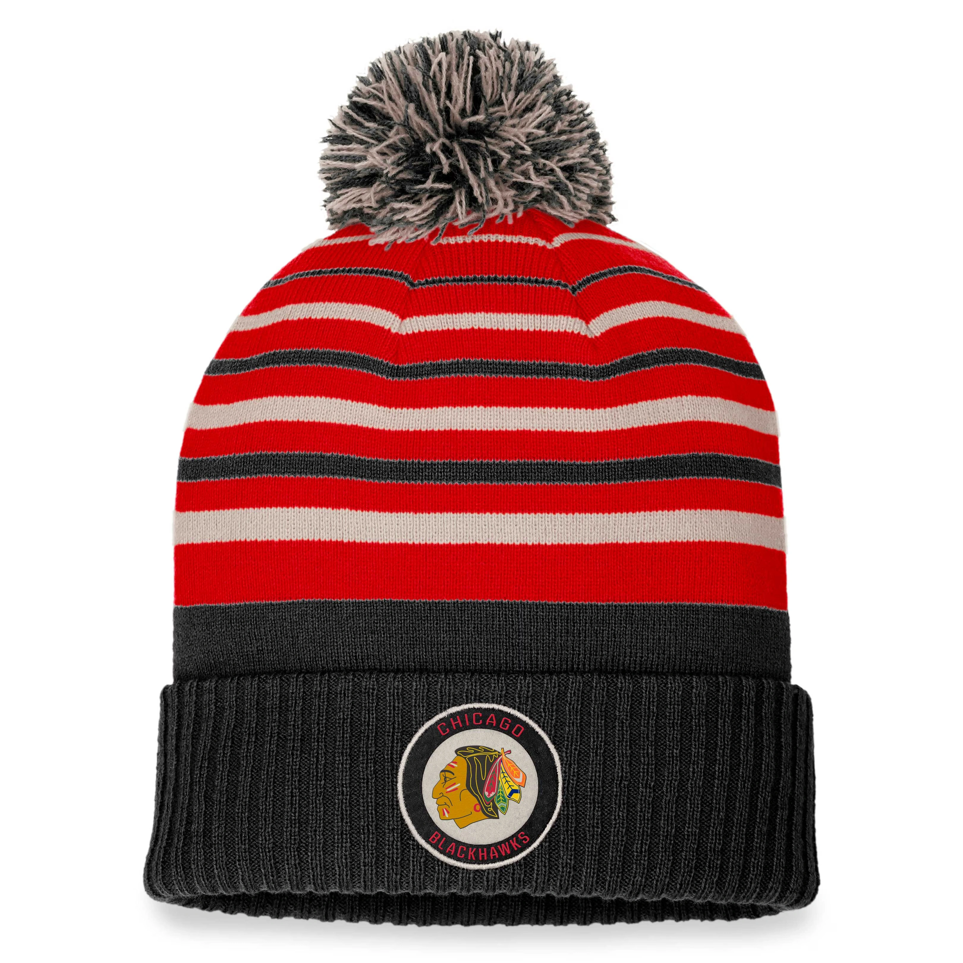 Men's Chicago Blackhawks Fanatics Black/Red True Classic Retro Cuffed Knit Hat with Pom