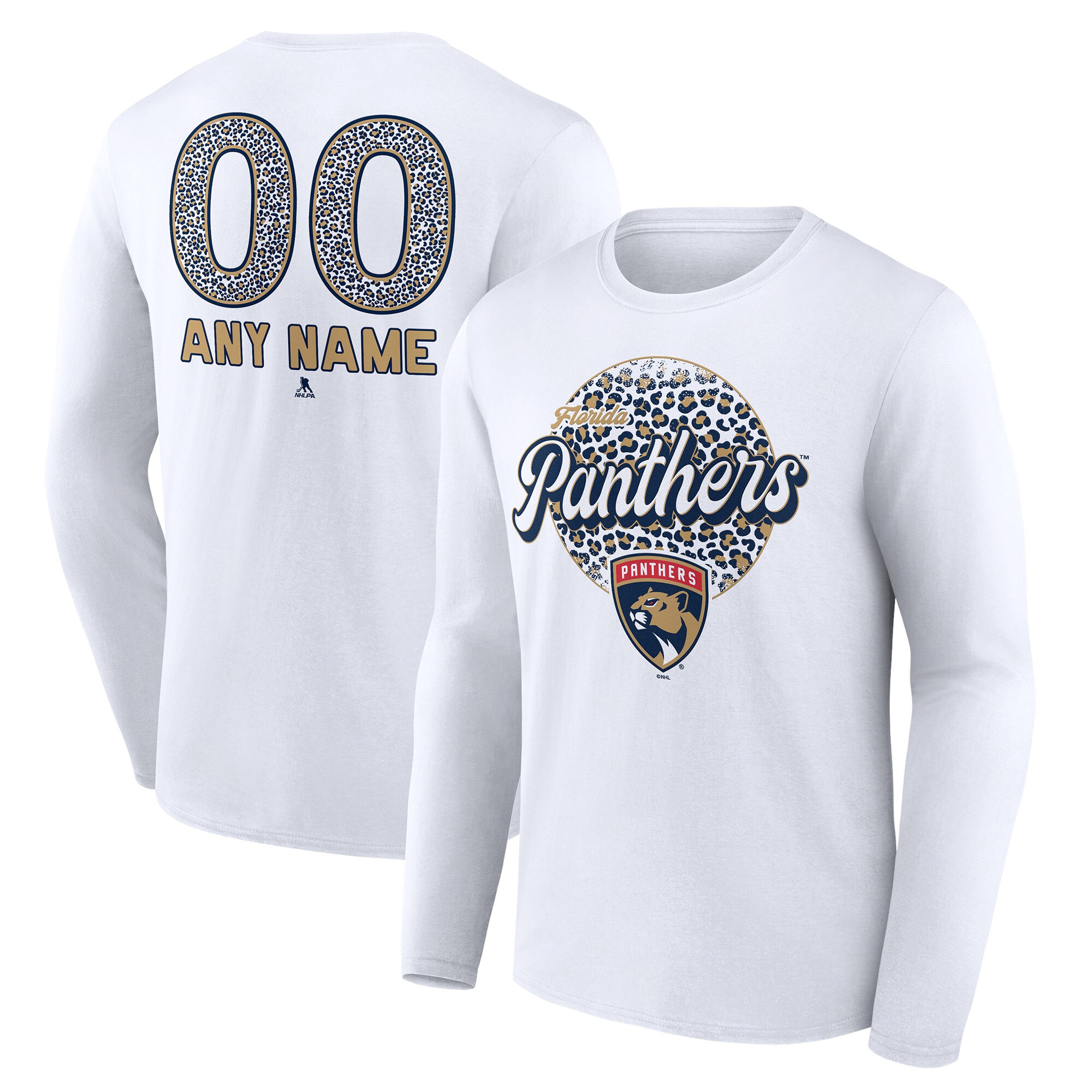 Unisex Florida Panthers White Personalized Name & Number Leopard Print Long Sleeve T-Shirt