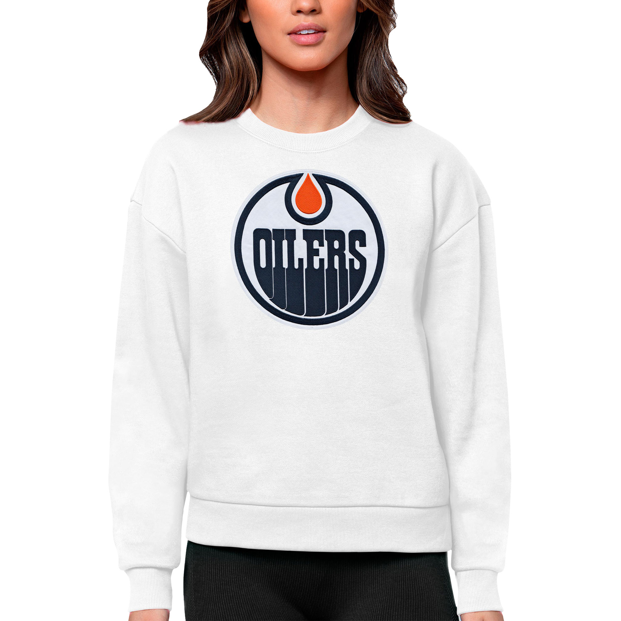 Women's Edmonton Oilers Antigua White Primary Logo Team Logo Victory Crewneck Pullover Sweatshirt